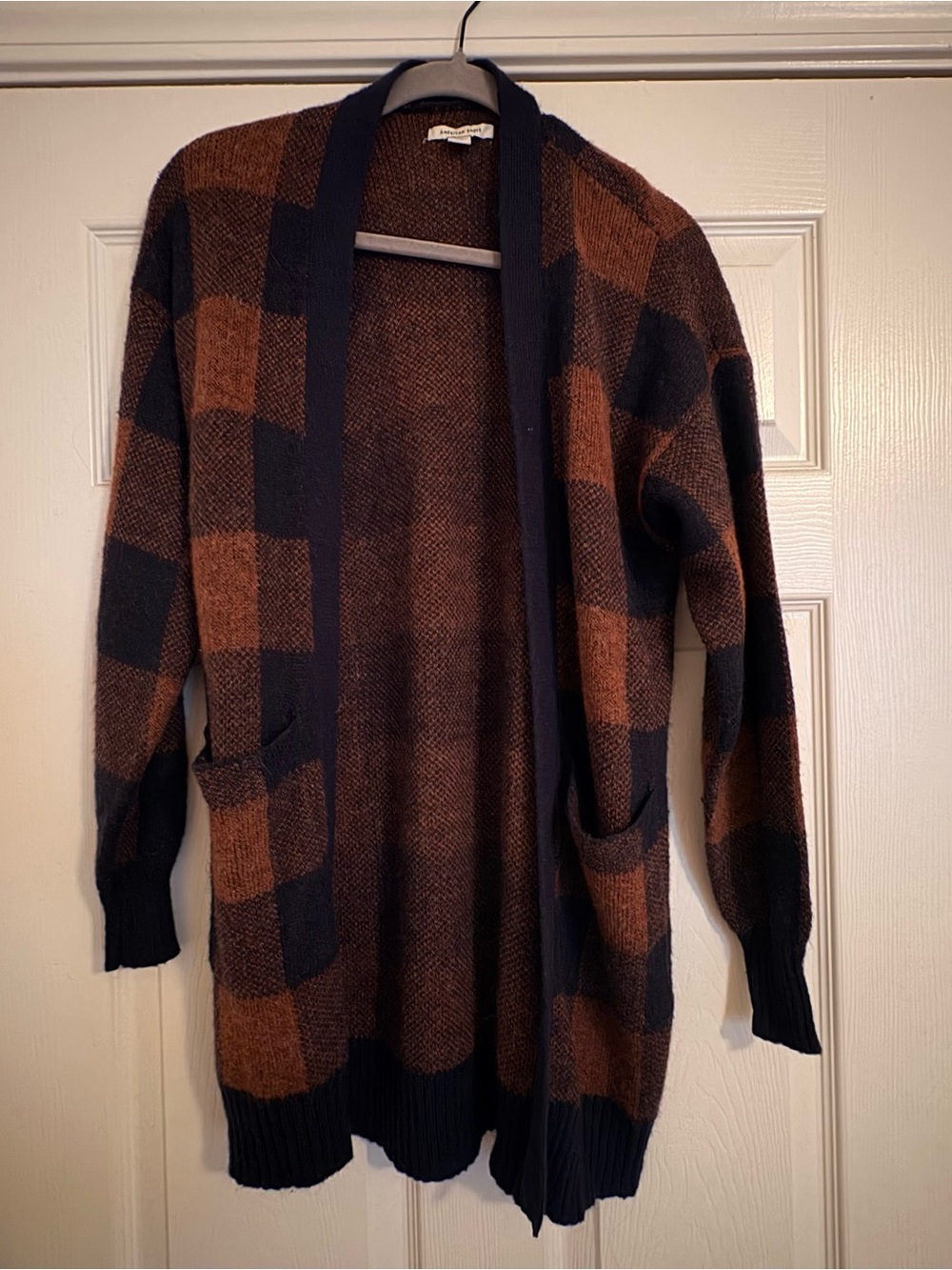 American Eagle Outfitters Brown and Black Check Open-Front Cardigan